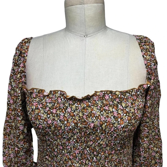 Faithfull The Brand Es Saada Floral Smocked Dress Brown Pink Size 2‎ - Picture 3 of 13